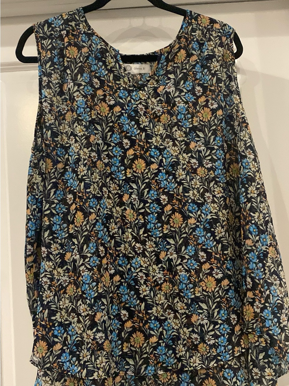 Floral Sleeveless Black Top with Blue and Tan Blossoms